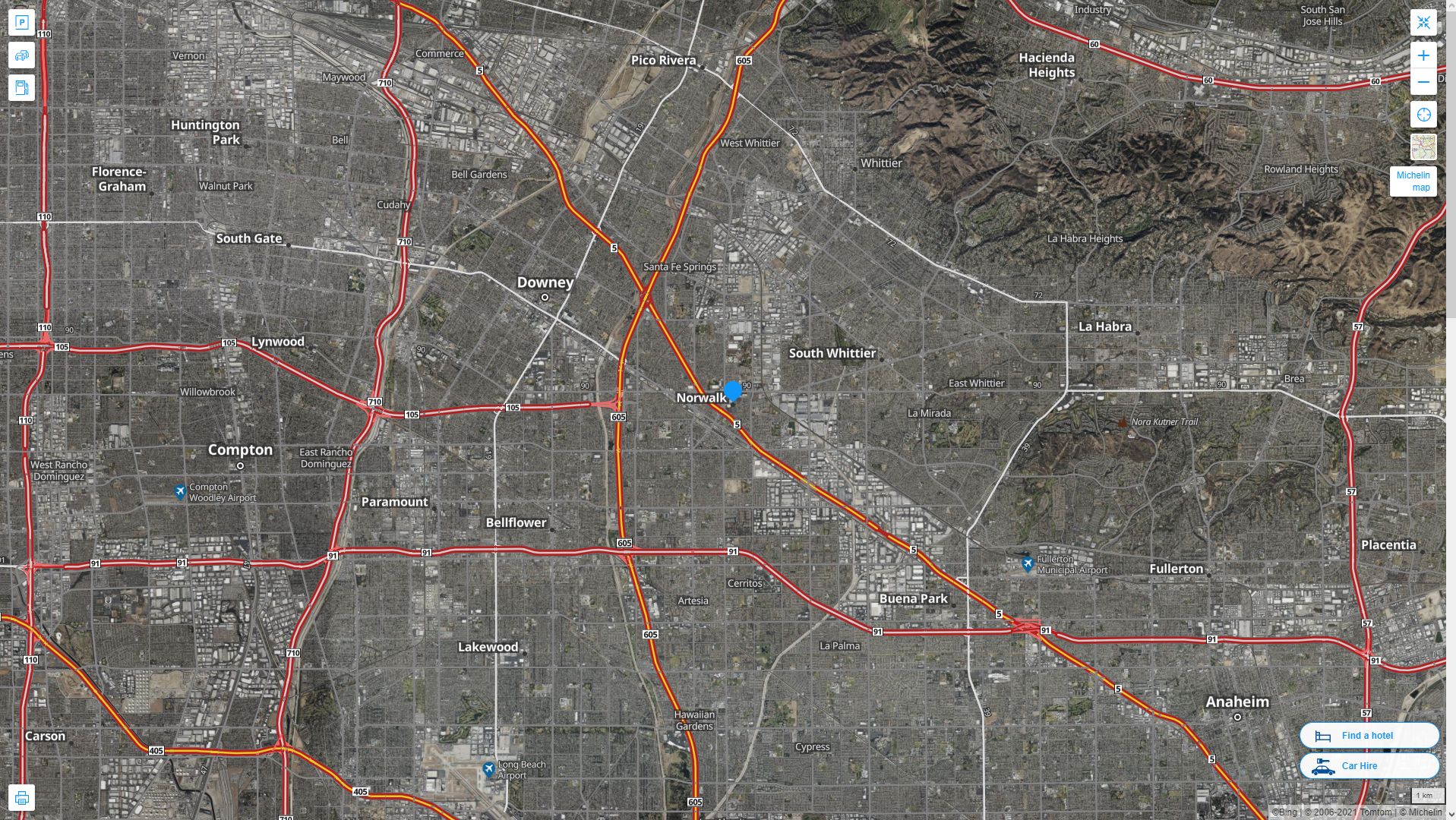 Norwalk California Highway and Road Map with Satellite View